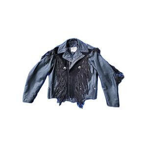 Vtg Park V Black Fringe Leather Men Biker Motorcycle Jacket Made in USA Size 42